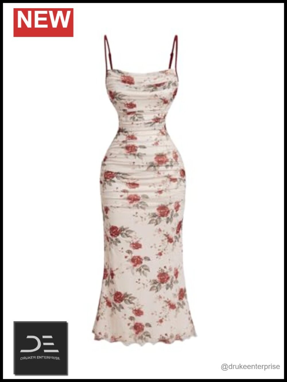 Floral Mesh Ruched Bodycon Midi Dress Spaghetti Strap Sleeveless